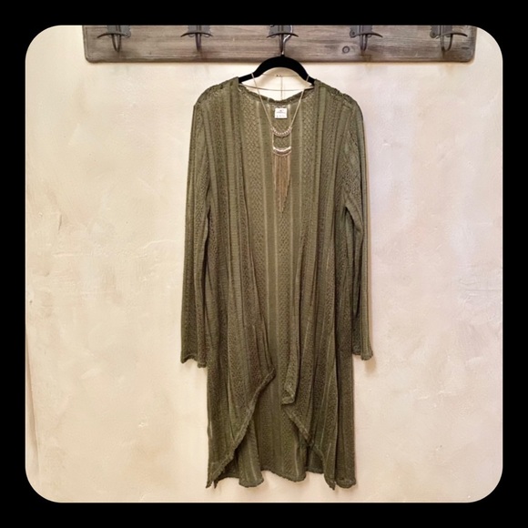 O’Neill Crochet Olive Long Open Cardigan w/ Side Slits-L - Picture 1 of 7